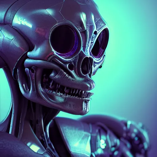 Prompt: a cyborg futuristic detailed alien skull with eyes that are holograms into an alien world. 3D render trending on artstation. Concept art octane.