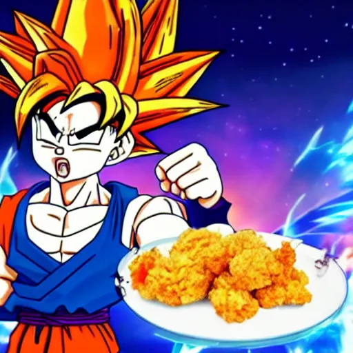 Image similar to goku dressed as colonel sanders using a ki blast to cook fried chicken