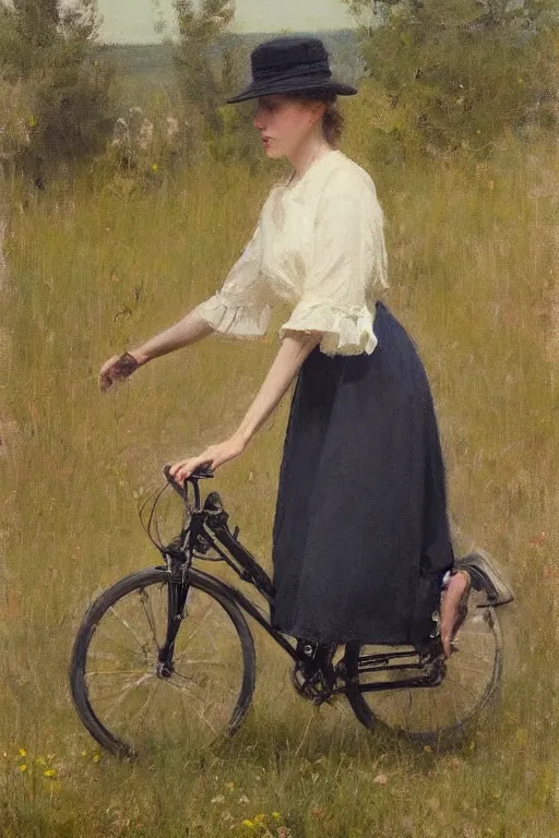 Image similar to “ woman on bicycle, summerdress, hat, jeremy lipking, joseph todorovitch ”