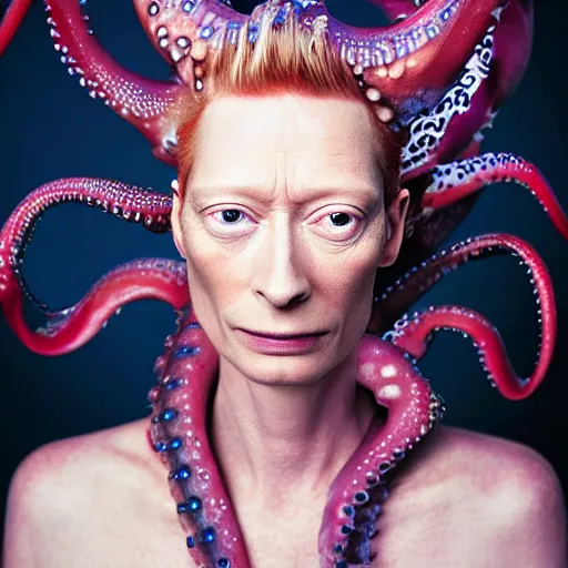 Prompt: closeup studio photograph of tilda swinton mixed with an octopus, dramatic lighting, edited in photoshop