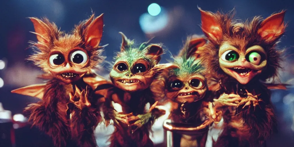 Image similar to Gremlins movie, the gremlins are on mdma in the club, trending on Artstation, 8K, ultra wide angle, pincushion lens effect