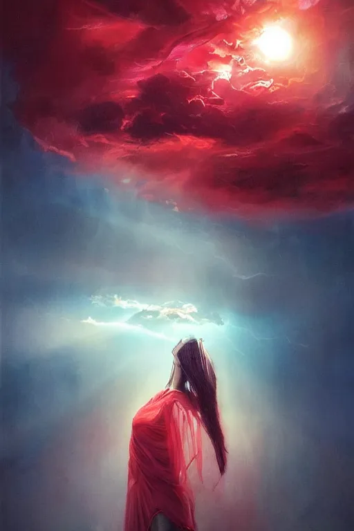 Image similar to 3 d, sci - fi, morning, sleepy fashion model face, sun, cinematic, lightning clouds, vogue cover style, light red and deep blue mood, realistic painting, intricate oil painting, high detail, figurative art, multiple exposure, poster art, 3 d, stanley kubrick, by tooth wu and wlop and beeple and greg rutkowski