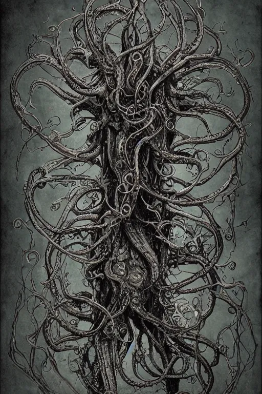 Image similar to centered horrifying detailed side view profile portrait of a insane, crazed, mad old bald zombie, cthulhu, eldritch abomination, dunwitch horror, ornate tentacles growing around, ornamentation, thorns, vines, tentacles, elegant, beautifully soft lit, full frame, 8 k by wayne barlowe, peter mohrbacher, kelly mckernan, h r giger