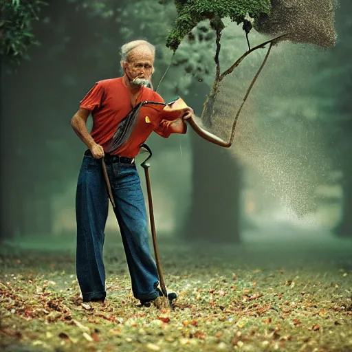 Image similar to closeup portrait of a man with a leafblower fighting a tree, by Steve McCurry and David Lazar, natural light, detailed face, CANON Eos C300, ƒ1.8, 35mm, 8K, medium-format print