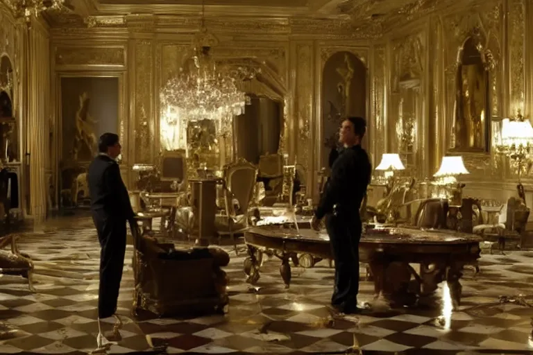 Prompt: cinematography of detectives investigating a crime scene in an decadent palace foyer by Emmanuel Lubezki