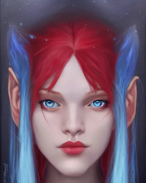 Image similar to A detailed matte oil on canvas head on symmetrical portrait of a distinguished elven woman with split red and blue hair on an empty background, by Charlie bowater, Wlop, trending on artstationhd, dungeons and dragons art, parted hair , half blue, half red , split dye, critical role