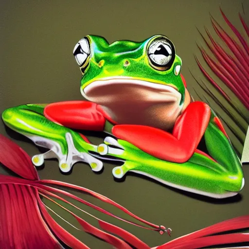 Prompt: green frog dressed in red sneakers, tropical forest, photorealistic