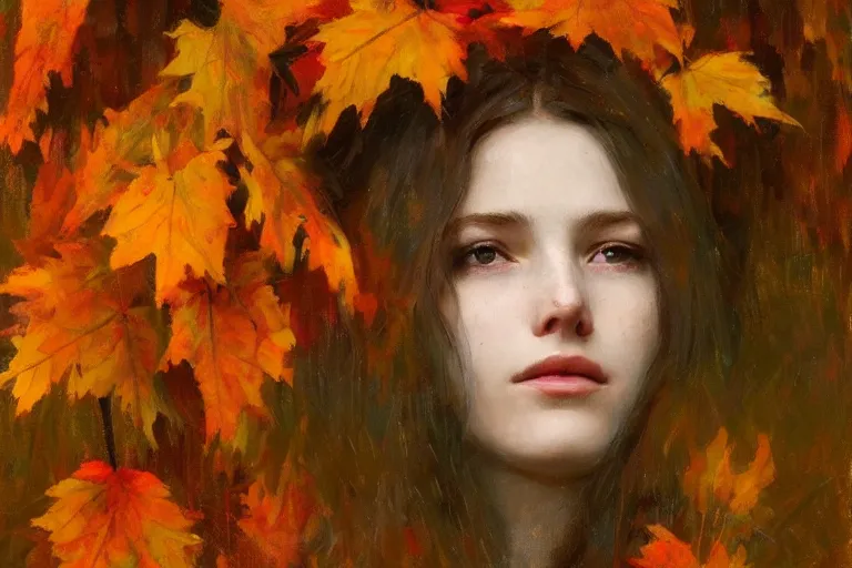 Prompt: how i wish i could see the autumn, when the leaves start to turn to the color of your hair, oil on canvas, close up portrait of a beautiful woman with long wavy hair, autumn leaves colored, in a forest in autumn, by jeremy lipking, craig mullins