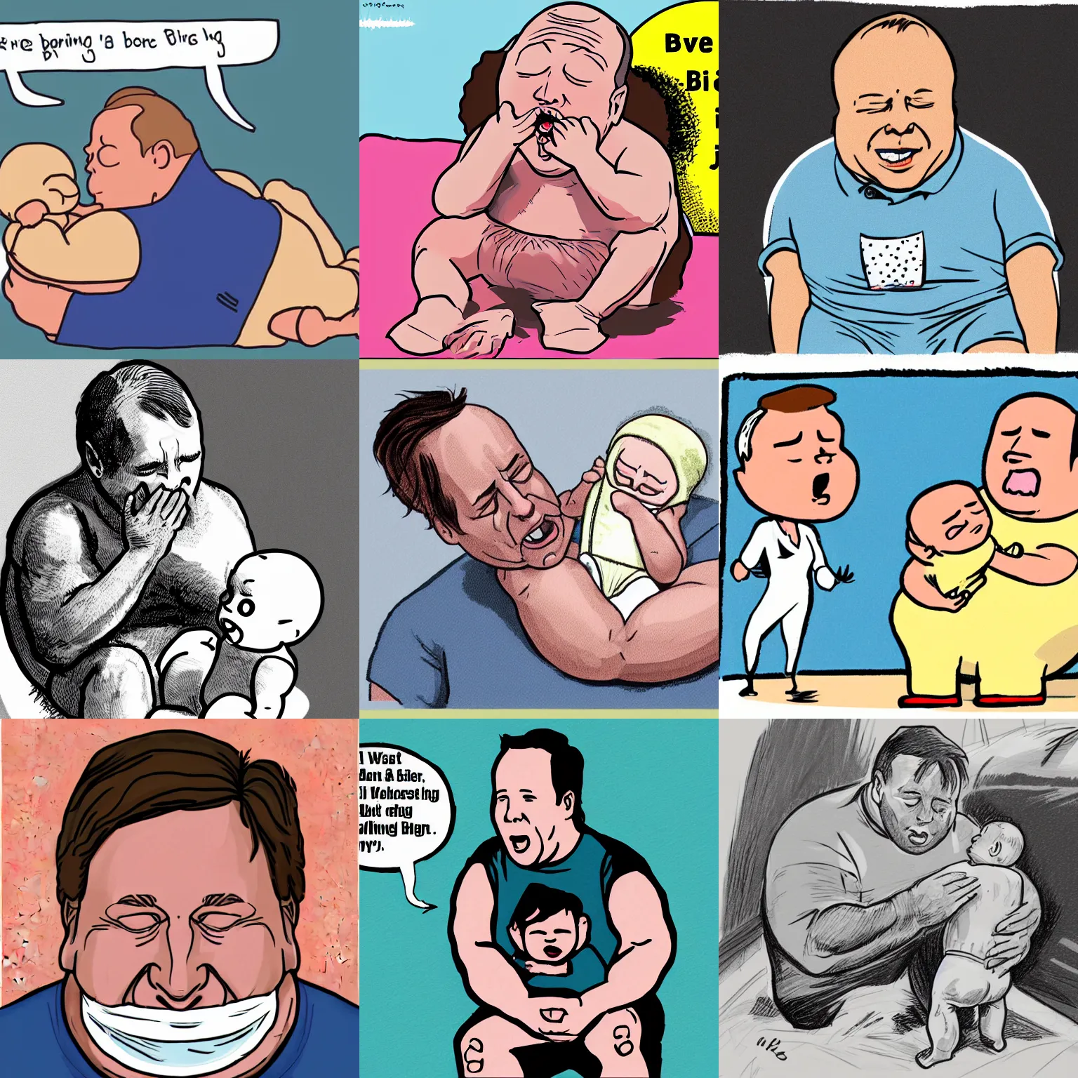 Prompt: illustration of Alex Jones wearing a diaper, crying, big baby