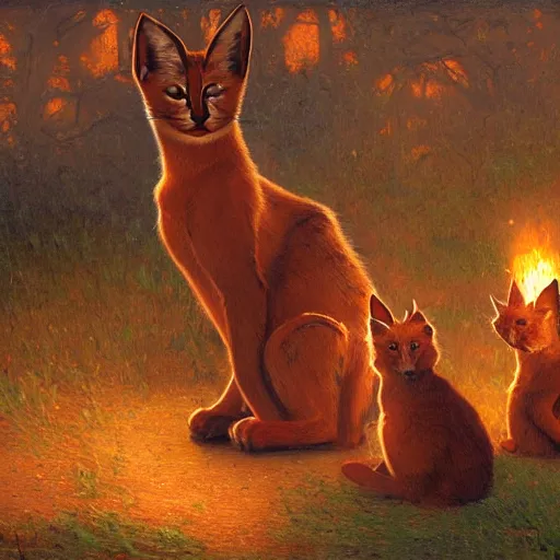 Image similar to three cute caracals wearing red ties with guitar, campfire, night, atmospheric lighting, intricate, volumetric lighting, digital art, highly detailed by gaston bussiere, craig mullins, j. c. leyendecker 8 k