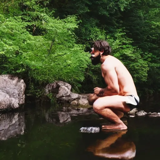 Prompt: a caveman kneeling down at a river, an looking at his own reflection
