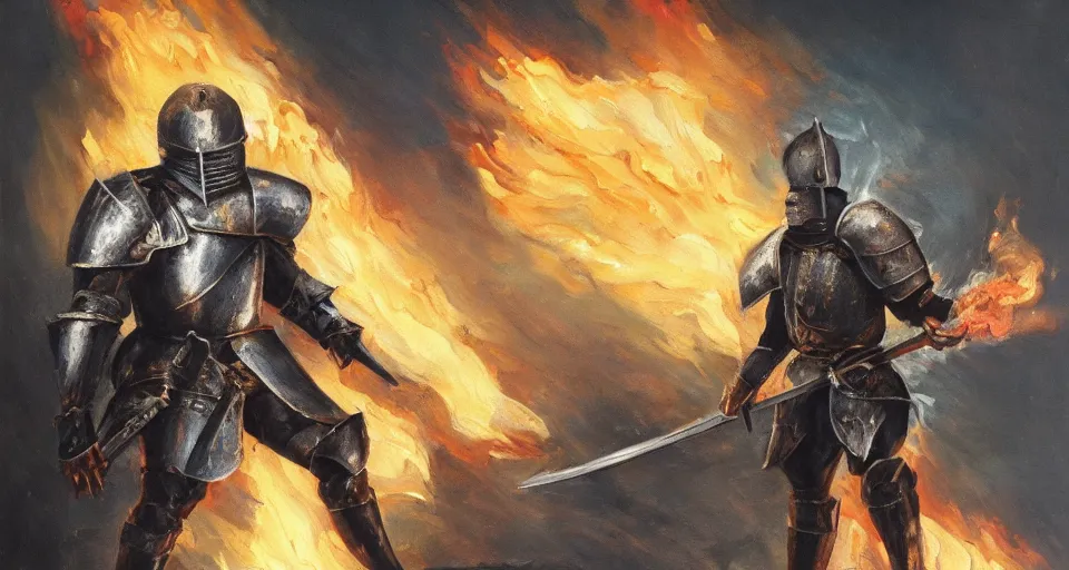 Image similar to An oil painting of a knight in dark metal armor wielding a flaming sword