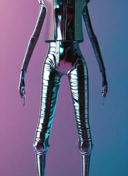 Image similar to The concept of an outfit, a resident of an alien metropolis, unusual fashion, bio, eco, fashion, Vogue, photo for a magazine, photo for a store, fashion photography, 135 mm, cinematic, hyper realism, high detail, octane render, 8k, chrome accents, very coherent symmetrical artwork, perfect face model, full length photo, Upper and lower body