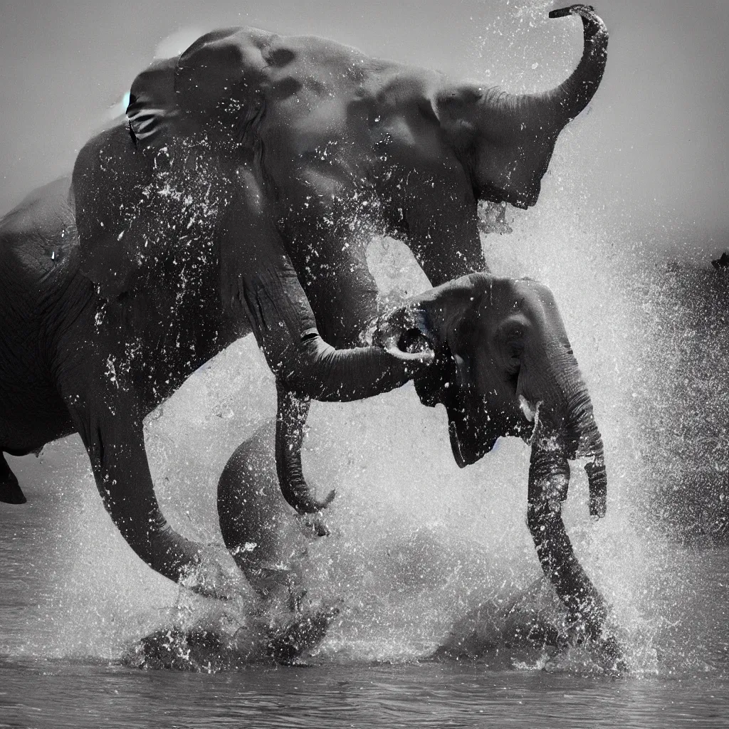 Image similar to “a black and white photo of an elephant splashing water by Maties Palau Ferré, featured on flickr, arabesque, national geographic photo, ilford hp5, majestic”