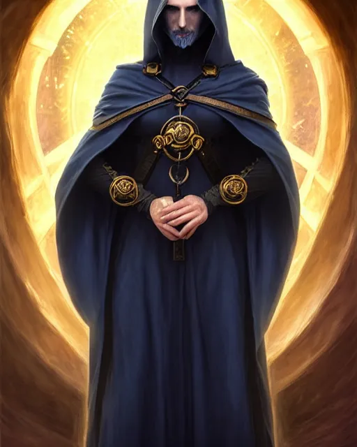 Image similar to cursed male mage at the end of time, long black hair blue eyes wearing cloth mantle gothic navy cloak with gold details, wizard town, fantasy character portrait, ultra realistic, intricate, elegant, cinematic lighting, highly detailed, digital painting, artstation, smooth, sharp, focus, illustration, art by artgerm and greg rutkowski and alphonse mucha