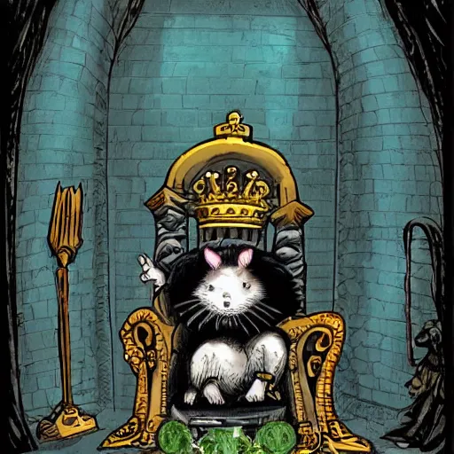 Prompt: the king of sewer rats upon his throne, surrounded by his court