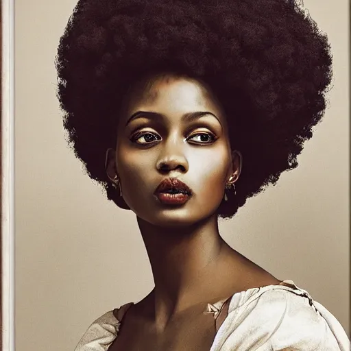 Image similar to portrait of young afro woman in renaissance dress and renaissance headdress, art by peter lindbergh