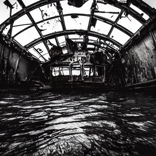 Image similar to the interior of a partially flooded rusty shipwreck, dark, scary lighting, scary, creepy, eerie, horror, submechanophobia, submerged machinery, photo,