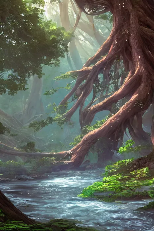 Prompt: ethereal river flowing through a giant ancient tree, serene evening atmosphere, pixie dust in the air, soft lens, soft light, cel - shading, animation, in the style of cgsociety, deviantart, artstation, zbrush, cinema 4 d, studio ghibli, akihiko yoshida, atelier lulua, masamune shirow