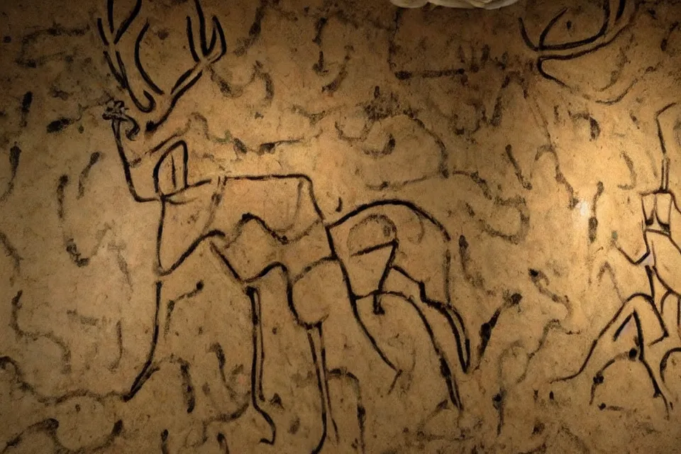 Image similar to a cave painting of a deer and a 1 9 5 0 s sci - fi robot. lascaux cave paintings, chauvet