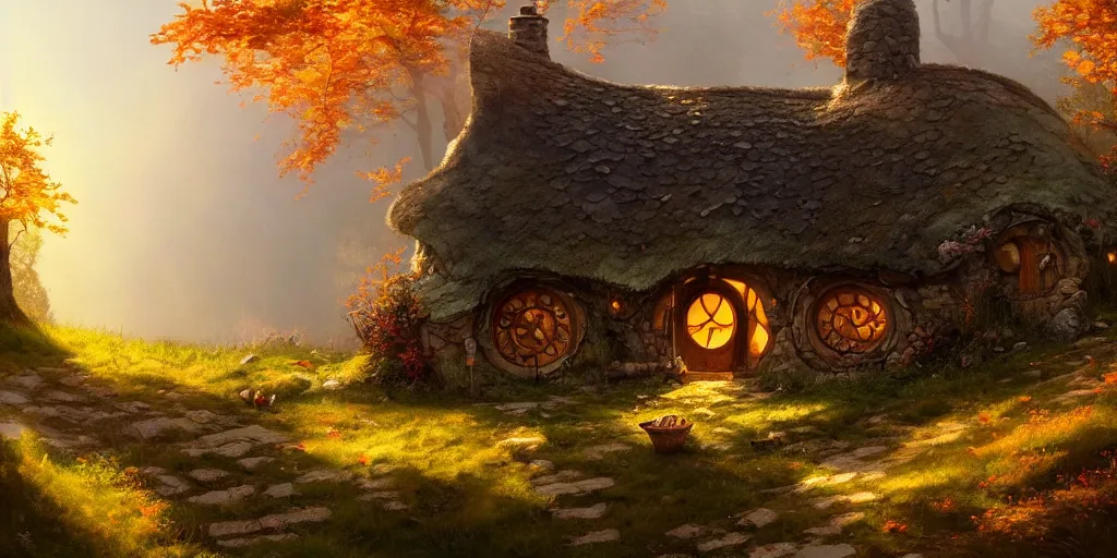 Image similar to a hobbit cottage on top of a steep hill, greg rutkowski, zabrocki, moebius, karlkka, jayison devadas, highly detailed, autumn sunlights, smoky atmosphere, ( ray of sunlight ), trending on artstation, 8 k, ultra wide angle, zenith view, pincushion lens effect