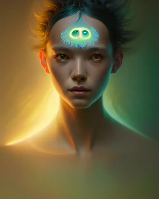 Image similar to one singular portrait of a sad bioluminescent creature, highly detailed, digital painting, cinematic, hyper realism, dark retrowave, art by stanley lau and artgerm and magali villeneuve and alphonse mucha, artstation, octane render, cgsociety