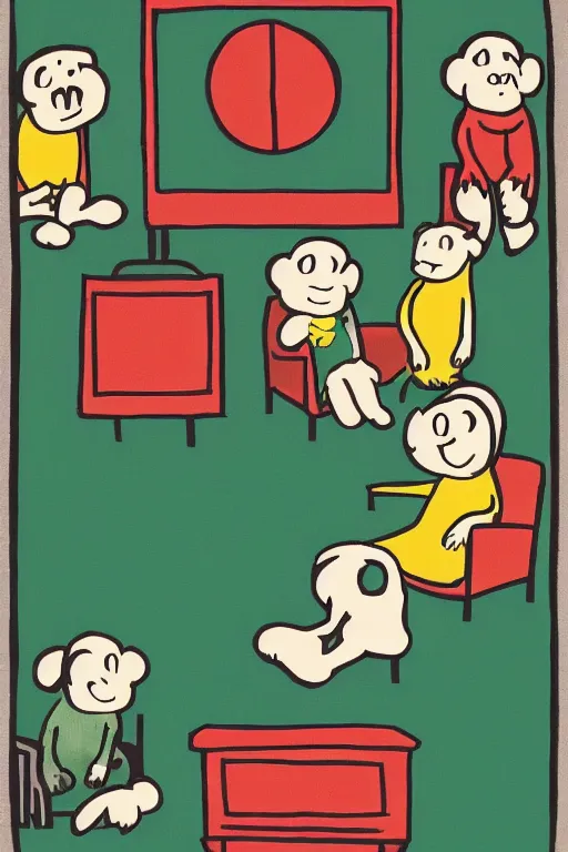 Image similar to an illustration of monkeys watching tv in the style of goodnight moon by margaret wise brown