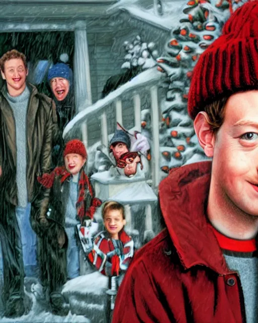 Image similar to mark zuckerberg as kevinin in home alone, airbrush, drew struzan illustration art, key art, movie poster