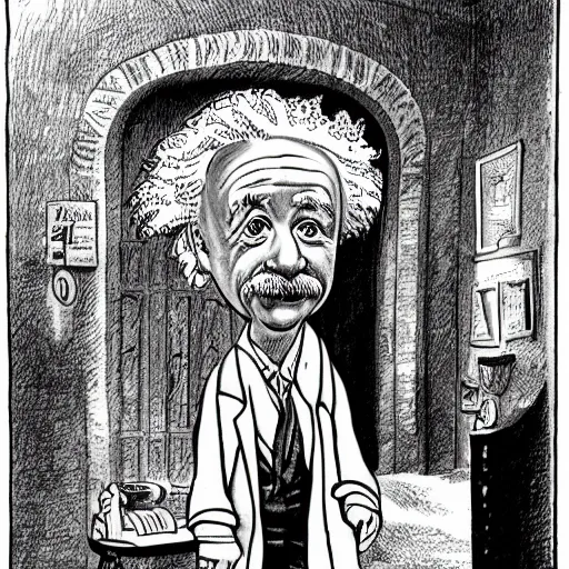 Image similar to albert einstein waiting downstairs for albert einstein who fell from the minaret, comic, high detailed, cartoon