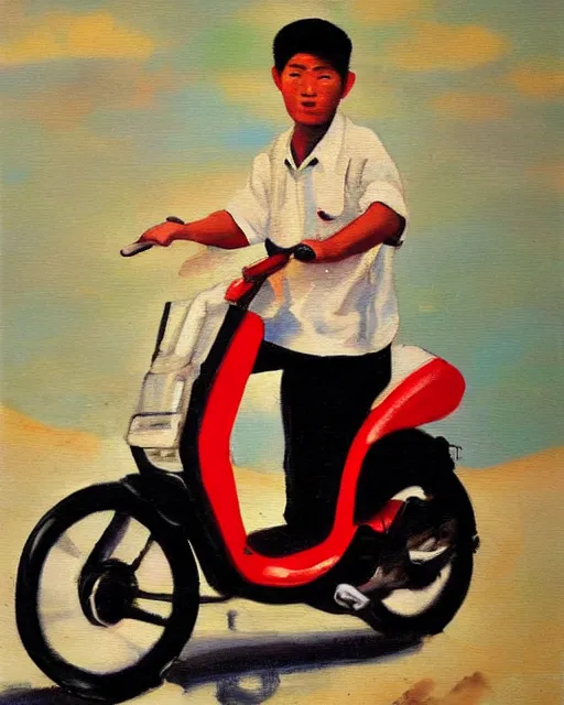 Image similar to asian school boy riding moped, aged oil painting by le pho