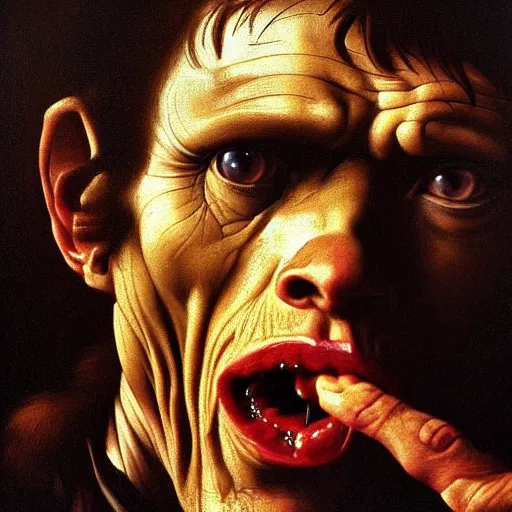 Image similar to close up portrait of willem dafoe eating an entire horse, oil painting, high detail, dark lighting, atmospheric, extremely detailed, intricate, da vinci, michelangelo, caravaggio, hans holbein, 8 k