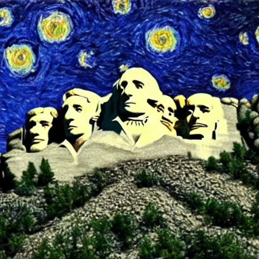 Prompt: mount rushmore, styled like van gogh starry night