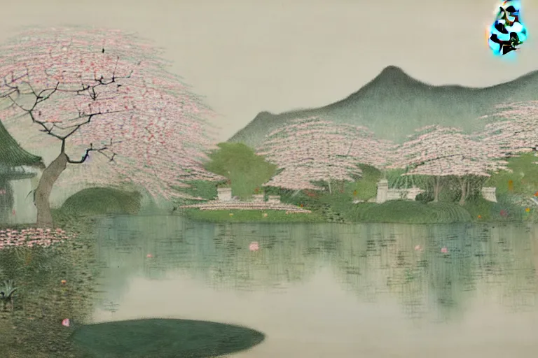 Image similar to an ultradetailed landscape painting of westlake in china hangzhou, lotus, may flowers blossoms nearby, fine wind, chinese water color, smooth, sharp focus, illustration, by hilma af klint, 8 k