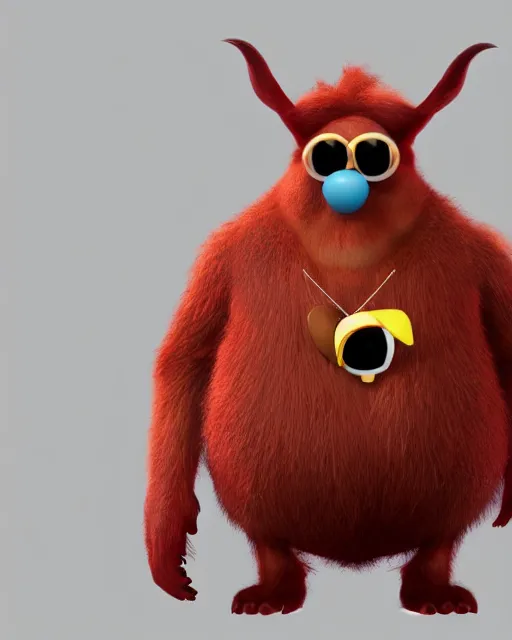 Image similar to 3 d render of completely red hairy friendly antropomorphic robust cartoony creature wearing chrome shades, without nose, full body, in the style of pixar, simple, cute, white background, unreal engine 5, octane render, highly detailed hdr