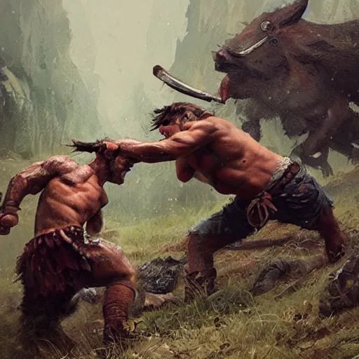 Image similar to barbarian fist fight wild boar, 8 k, trending on by tooth wu and greg rutkowski