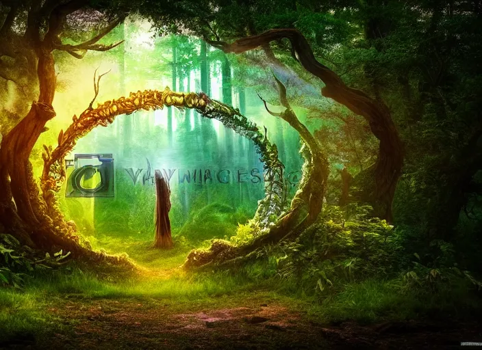 Image similar to photo of a portal to another magical world. Forest in the background. Fantasy magic style. Highly detailed 8k. Intricate. Nikon d850 55mm. Award winning photography.