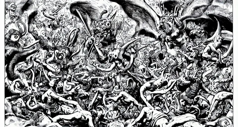 Prompt: the temptation of saint anthony swarmed by grotesque winged demons, fantasy, highly detailed cartoon art art by jack kirby