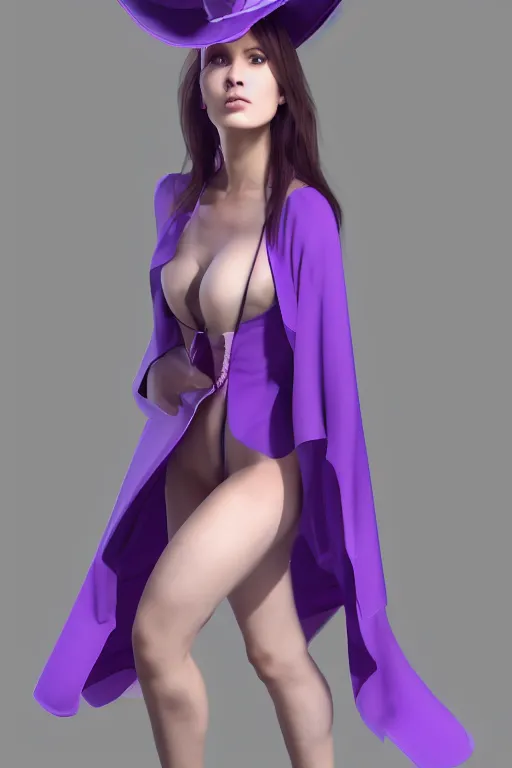 Prompt: Young petite beautiful woman in slim purple witch robes and pointy hat at a crowded magical university, full body shot unreal engine hyperreallistic render 8k character masterpiece digital art, cell shader shading, trending on Artstation, CGSociety