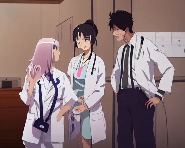 Image similar to a cute and beautiful young female doctor wearing white coat are talking with an old professor in a hospital, slice of life anime, lighting, anime scenery by Makoto shinkai