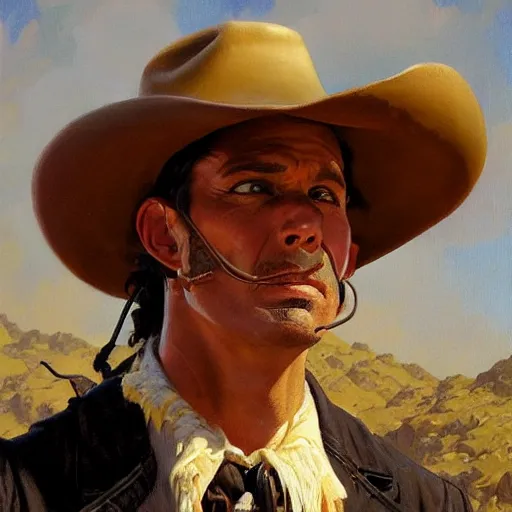 Image similar to a man, cowboy hat, portrait, wild west, fantasy, highly detailed, oil painting, artstation, concept art, illustration, art by J. C. Leyendecker and norman rockwell