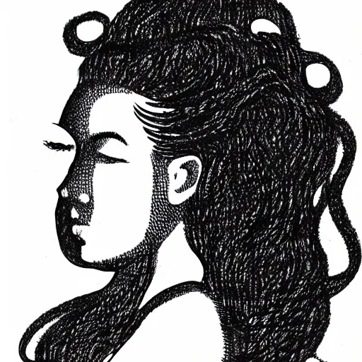 Prompt: a black and white drawing of the silhouette of a woman with long curly tied hair using a dress