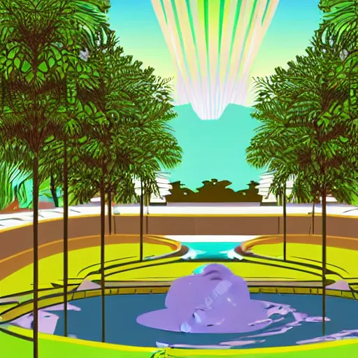 Image similar to art deco vaporwave illustration of a park with trees, benches, and a water feature, in a futuristic pastel city