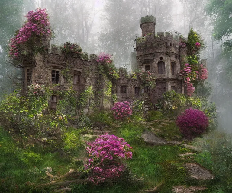 Image similar to old rundown castle in the middle of a haunted forest, foggy, high fantasy, colorful flowers, aged vegetation, photorealism