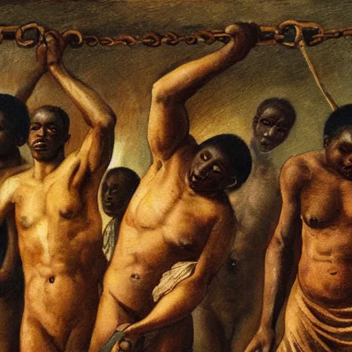 Image similar to painting of black slaves being freed from chains and shackles, detail, lighting