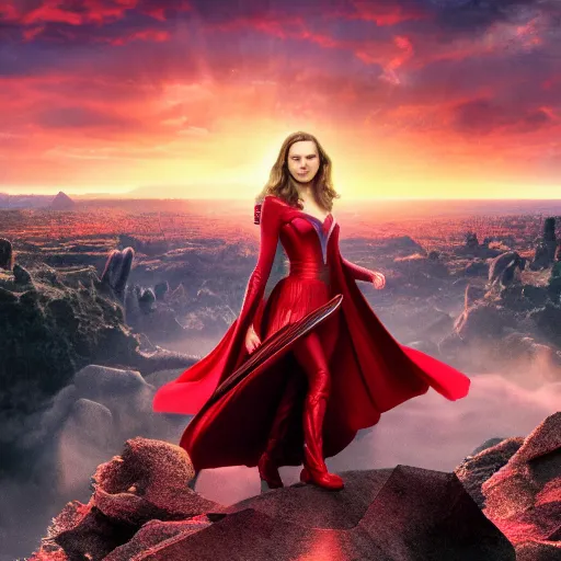 Prompt: Natalie Portman as scarlet witch from MCU, highly detailed, 8K HDR, sunset.