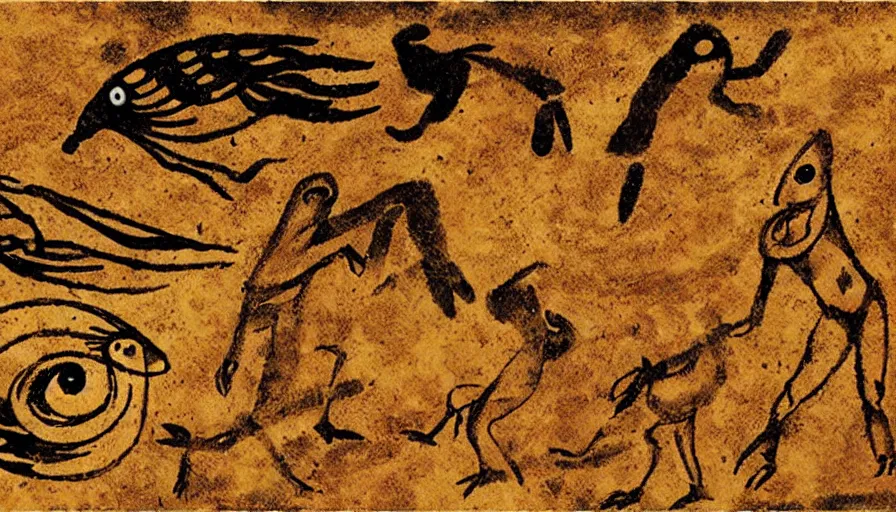 Prompt: neolithic cave painting of one eyed creatures called patapons fighting a giant bird, 4 k, history channel, psp, japan studio game, art by rolito, high quality