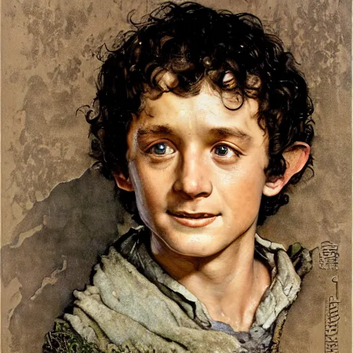 Image similar to Frodo Baggins head and shoulders portrait by norman Rockwell, epic