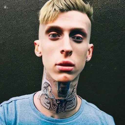 Image similar to “a realistic detailed photo of a guy who is an attractive humanoid who is half robot and half humanoid, who is a male android, rapper Machine Gun Kelly, shiny skin, posing like a statue, blank stare”