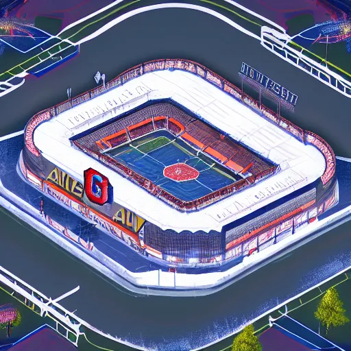 Image similar to Hockey arena game illustration, aerial view, isometric, Blizzard, EASports, intricate, elegant, highly detailed, digital painting, artstation, concept art, smooth, sharp focus, brightly lit cinematic soft lighting, photorealistic