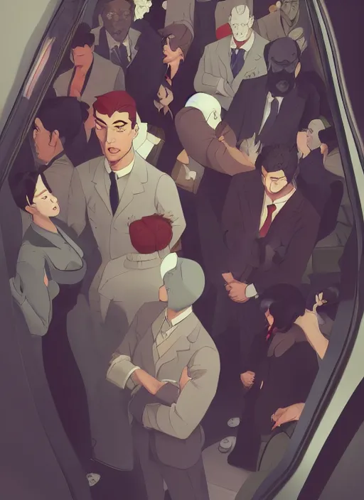 Prompt: people in grey suits in an overcrowded tram, depressed mood, in the style of artgerm, gerald brom, atey ghailan and mike mignola, vibrant colors and hard shadows and strong rim light, plain background, comic cover art, trending on artstation